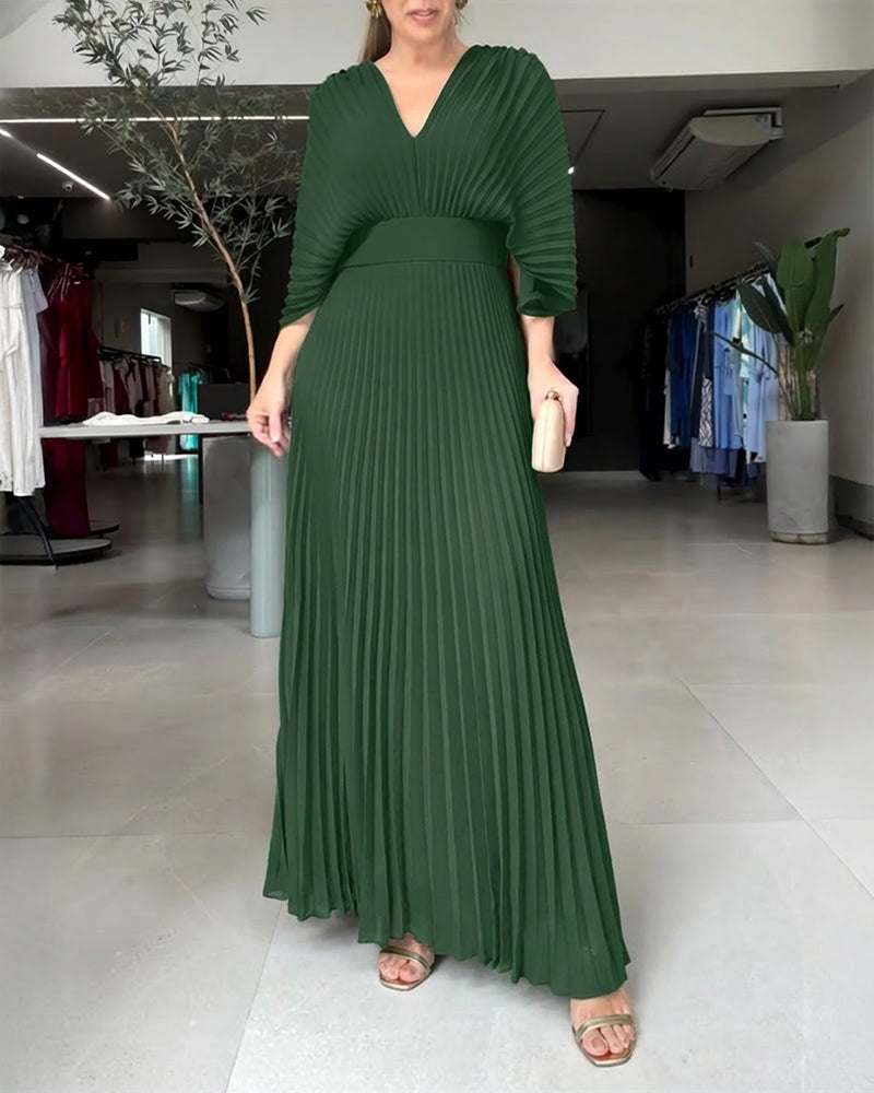 Deep V-Neck Batwing Sleeve High Waist Pleated Maxi Dress Casual Cinched Waist Backless Tied Detail Zipper Back Evening Dress
