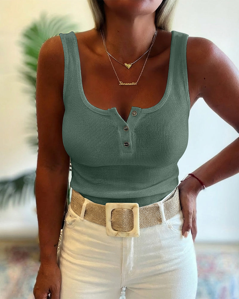 U-Neck Sleeveless Half Button Front Tank Slim Fit Backless Knit Waffle Tank Top