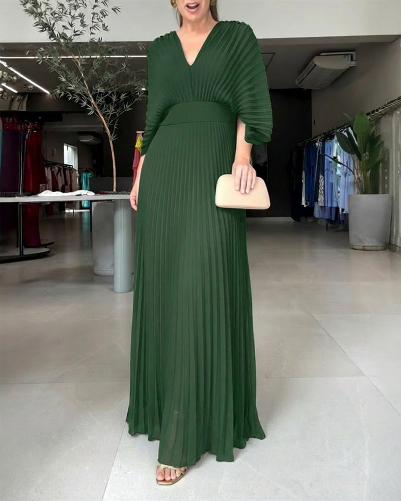 Deep V-Neck Batwing Sleeve High Waist Pleated Maxi Dress Casual Cinched Waist Backless Tied Detail Zipper Back Evening Dress