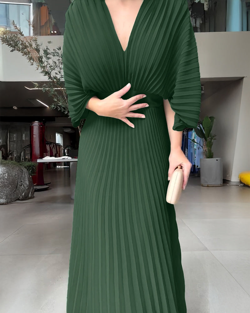 Deep V-Neck Batwing Sleeve High Waist Pleated Maxi Dress Casual Cinched Waist Backless Tied Detail Zipper Back Evening Dress