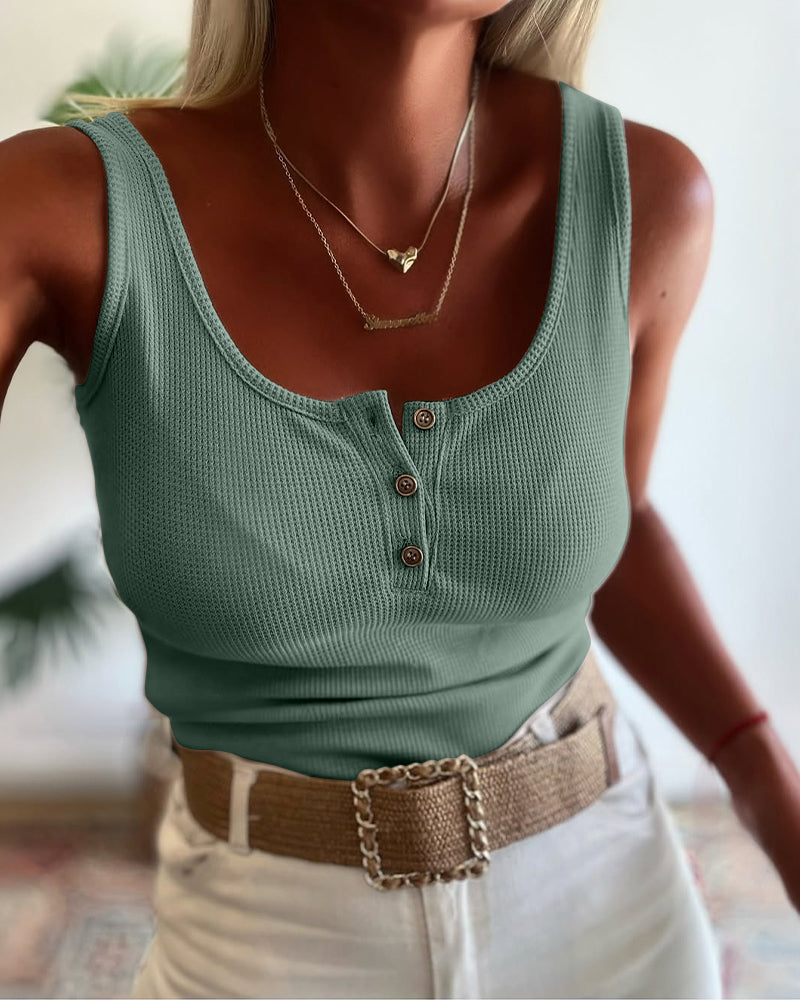 U-Neck Sleeveless Half Button Front Tank Slim Fit Backless Knit Waffle Tank Top