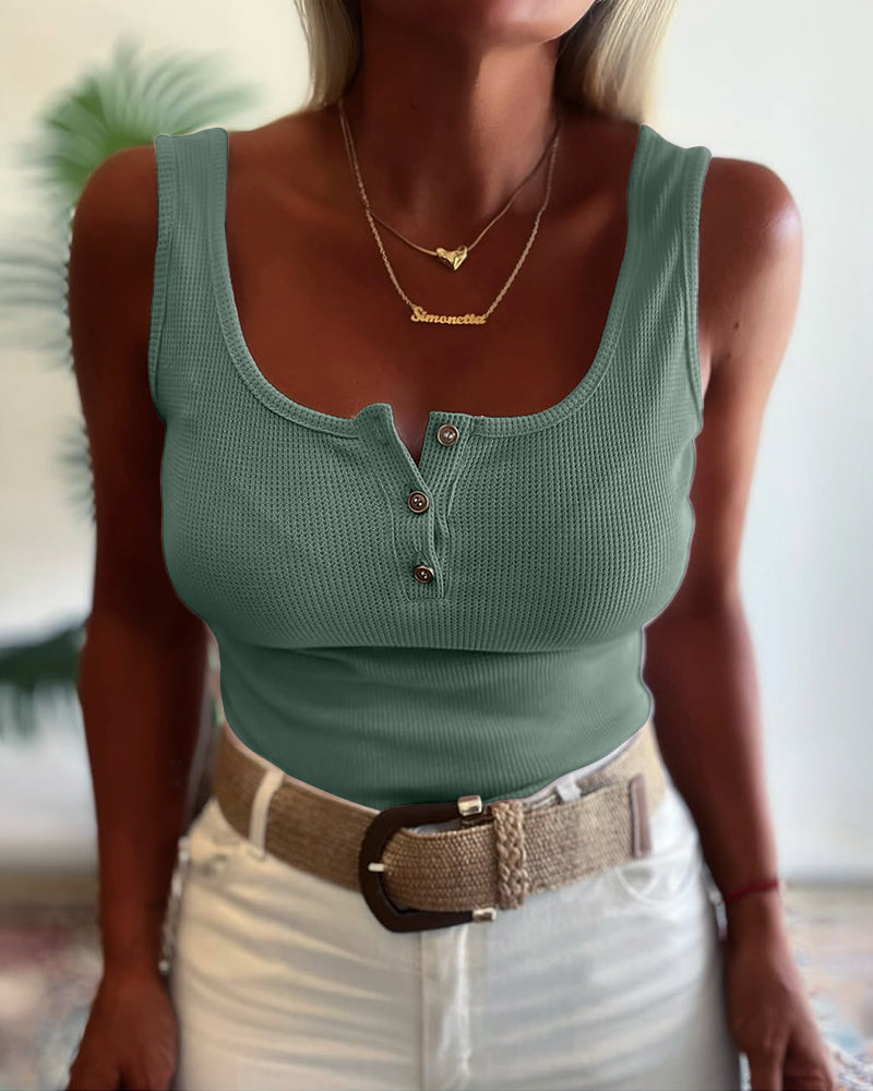 U-Neck Sleeveless Half Button Front Tank Slim Fit Backless Knit Waffle Tank Top