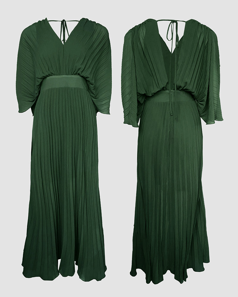Deep V-Neck Batwing Sleeve High Waist Pleated Maxi Dress Casual Cinched Waist Backless Tied Detail Zipper Back Evening Dress