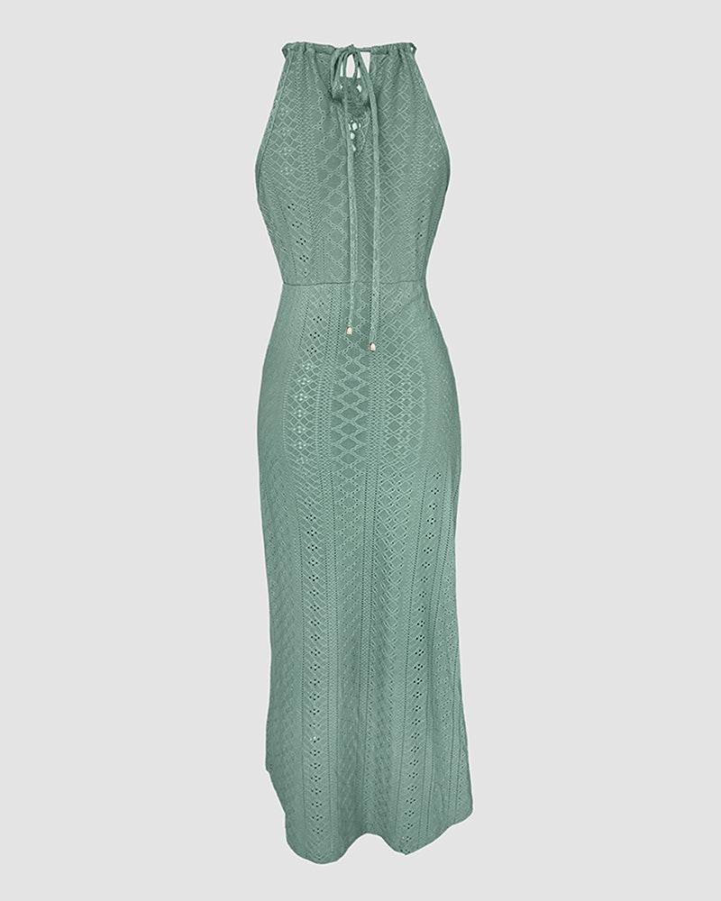 Adjustable Halter Hollow-out Back Ruched Front Slit Dress Guipure Lace Yoke Eyelet Embroidery Vacation Dress