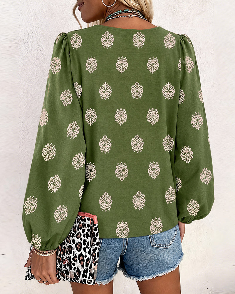 Vintage Baroque Placement Print V-Neck Lantern Sleeve Blouse Casual Long Sleeve Loose Fit Boho Top