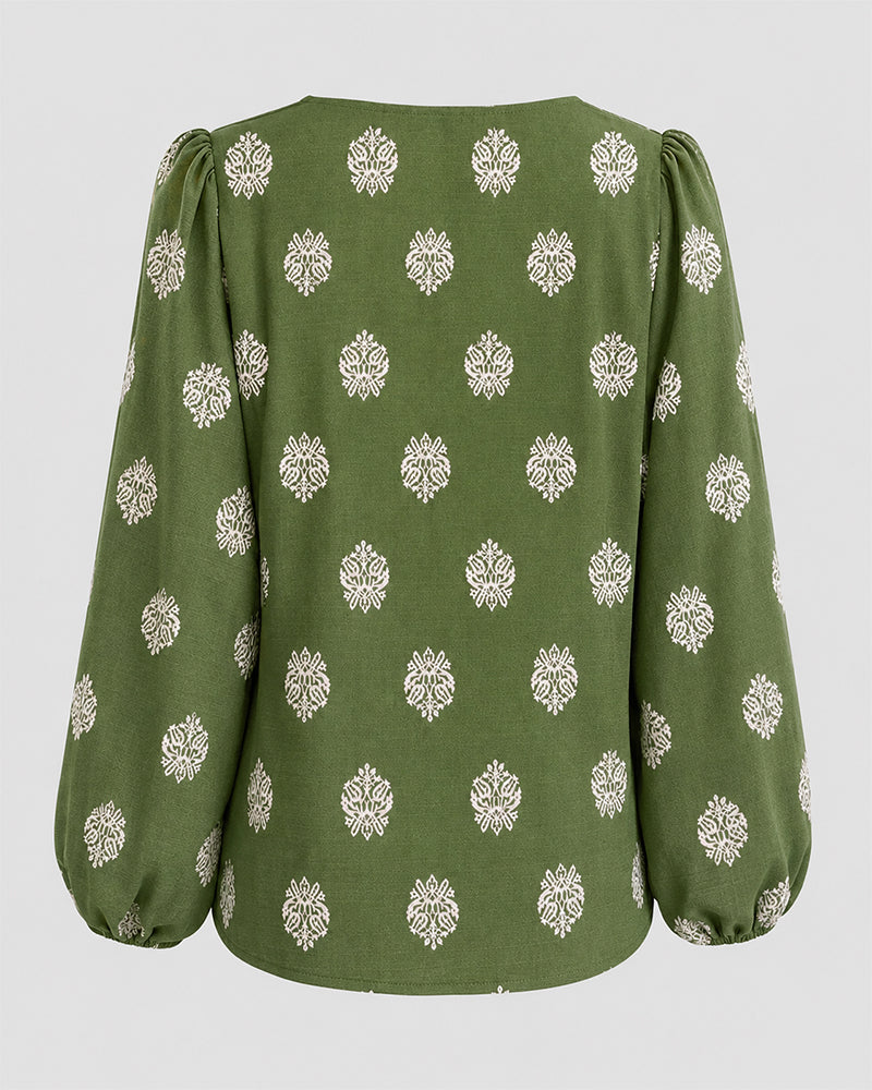 Vintage Baroque Placement Print V-Neck Lantern Sleeve Blouse Casual Long Sleeve Loose Fit Boho Top