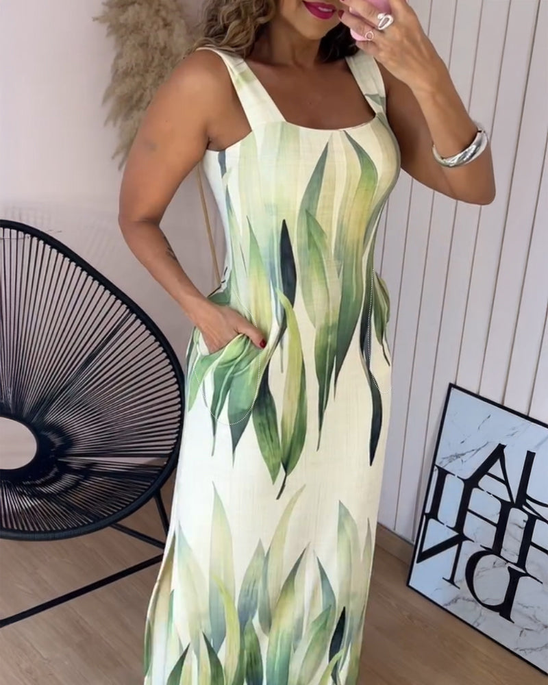 Plants Print Square Neck Thick Strap Maxi Dress Casual Slim Fit Side Slit Vacation Dress with Pockets
