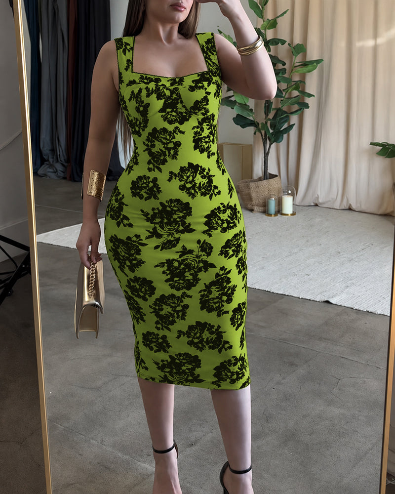 Women's Vintage Flocking Rose Midi Dress Square Neck Sleeveless Bodycon Dress Elegant Club Party Gown