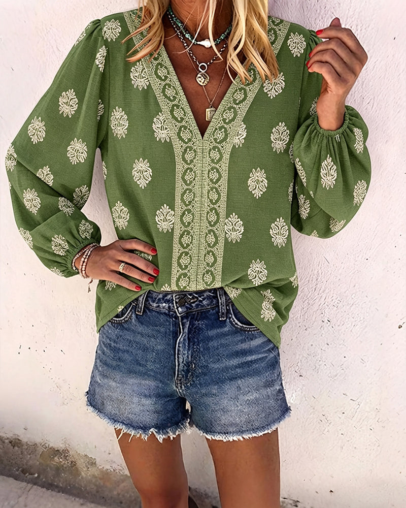 Vintage Baroque Placement Print V-Neck Lantern Sleeve Blouse Casual Long Sleeve Loose Fit Boho Top