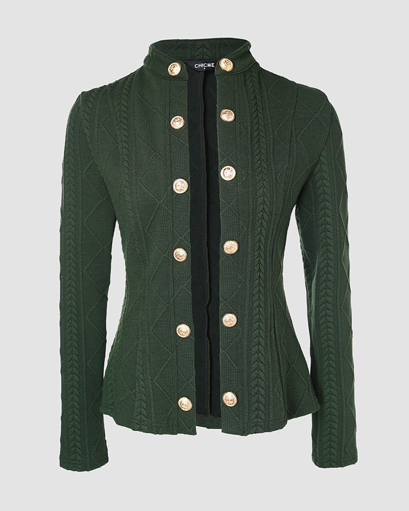 Metal Double Breasted Decor Stand Collar Argyle & Cable Textured Coat