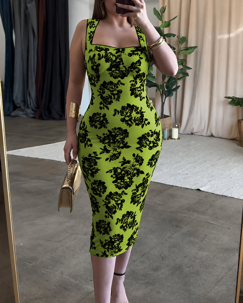 Women's Vintage Flocking Rose Midi Dress Square Neck Sleeveless Bodycon Dress Elegant Club Party Gown