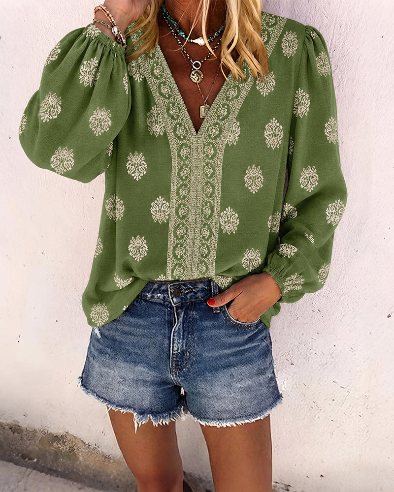 Vintage Baroque Placement Print V-Neck Lantern Sleeve Blouse Casual Long Sleeve Loose Fit Boho Top