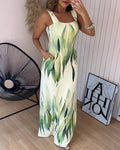 Plants Print Square Neck Thick Strap Maxi Dress Casual Slim Fit Side Slit Vacation Dress with Pockets