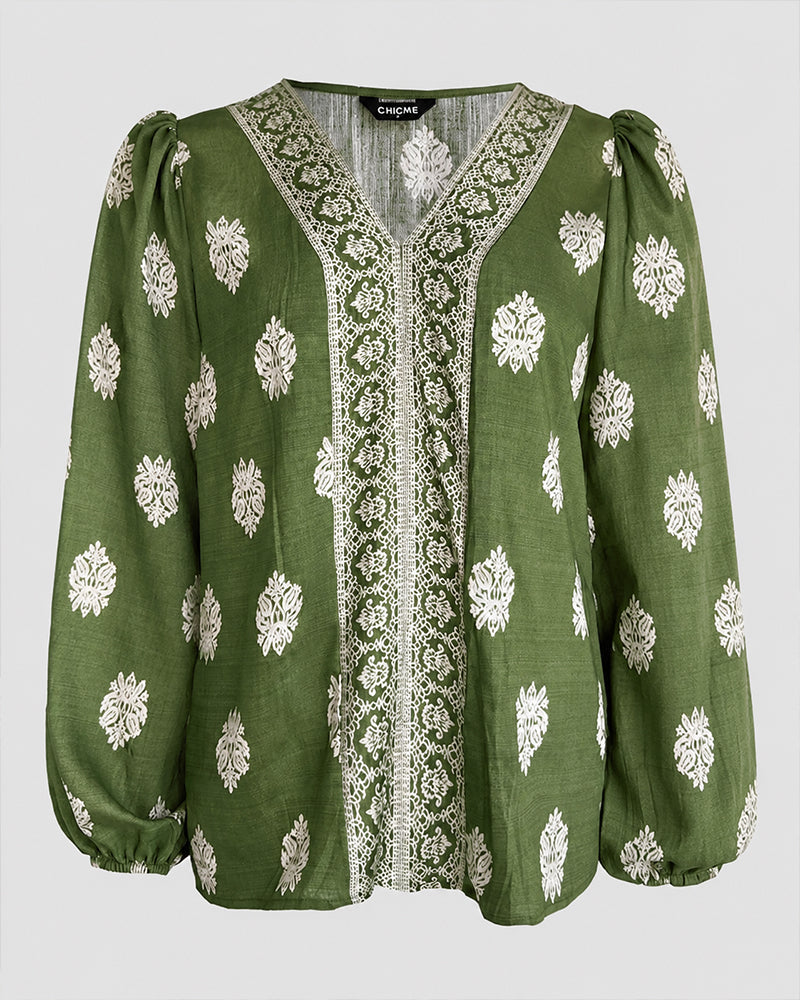 Vintage Baroque Placement Print V-Neck Lantern Sleeve Blouse Casual Long Sleeve Loose Fit Boho Top