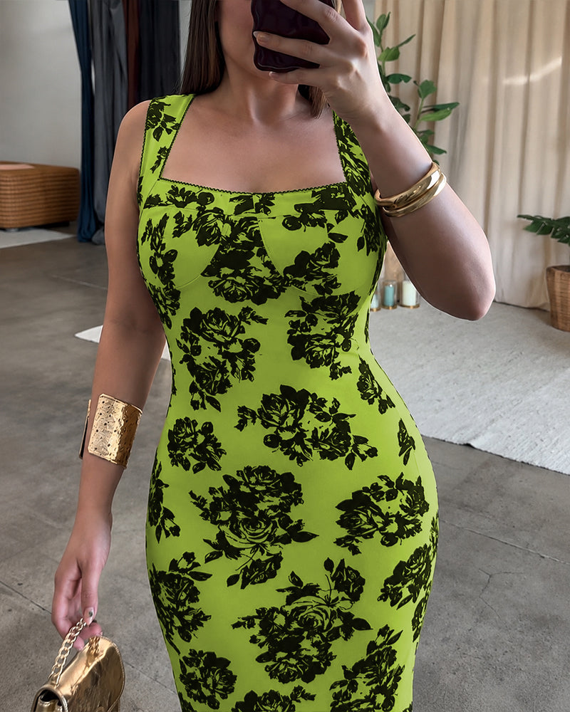 Women's Vintage Flocking Rose Midi Dress Square Neck Sleeveless Bodycon Dress Elegant Club Party Gown