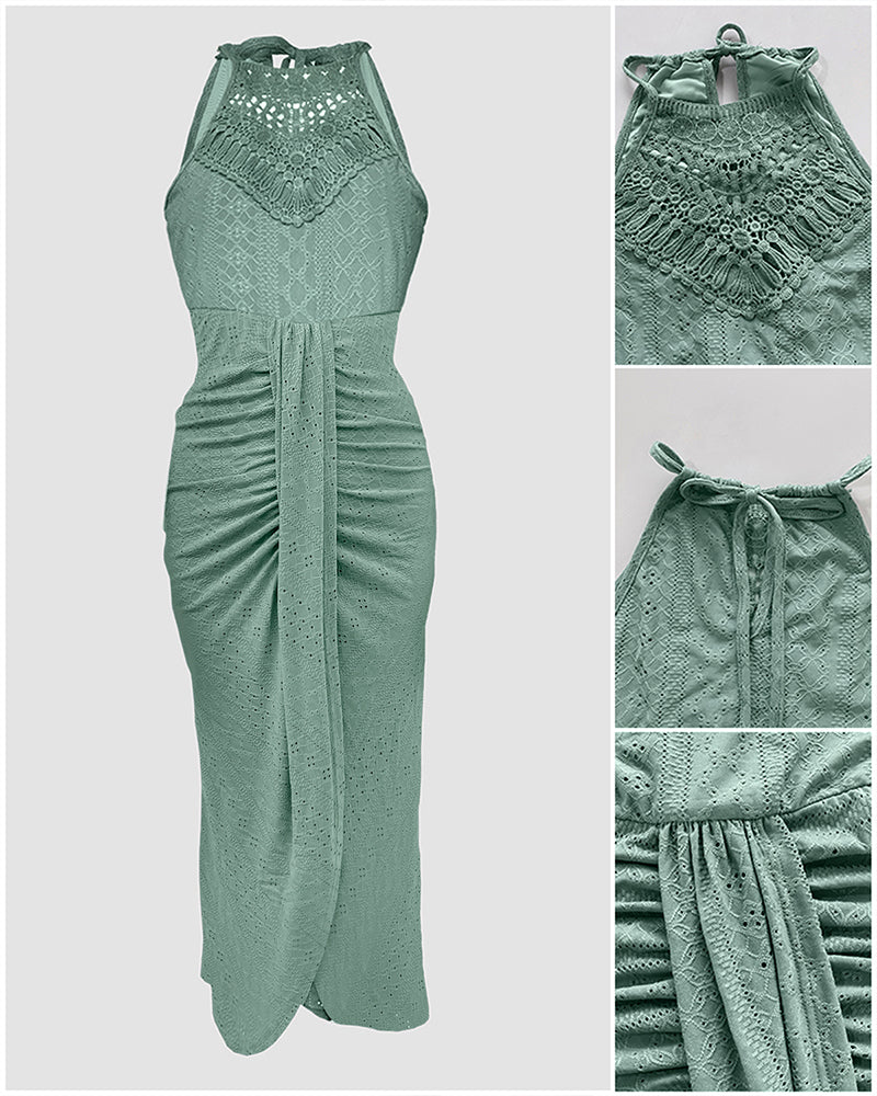 Adjustable Halter Hollow-out Back Ruched Front Slit Dress Guipure Lace Yoke Eyelet Embroidery Vacation Dress