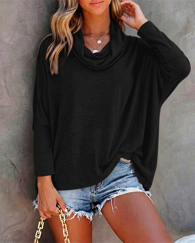 Women's Cowl Neck Batwing Sleeve Top Casual Long Sleeve Loose Pullover Comfortable Soft Drape Blouse