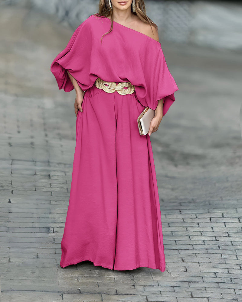2 Pieces Outfit Turn-down Coll  Long Sleeve Button Front Satin  Shirt and Casual Vintage Floral  Print Elastic Back Waist Wide Leg  Pants Set without Belt