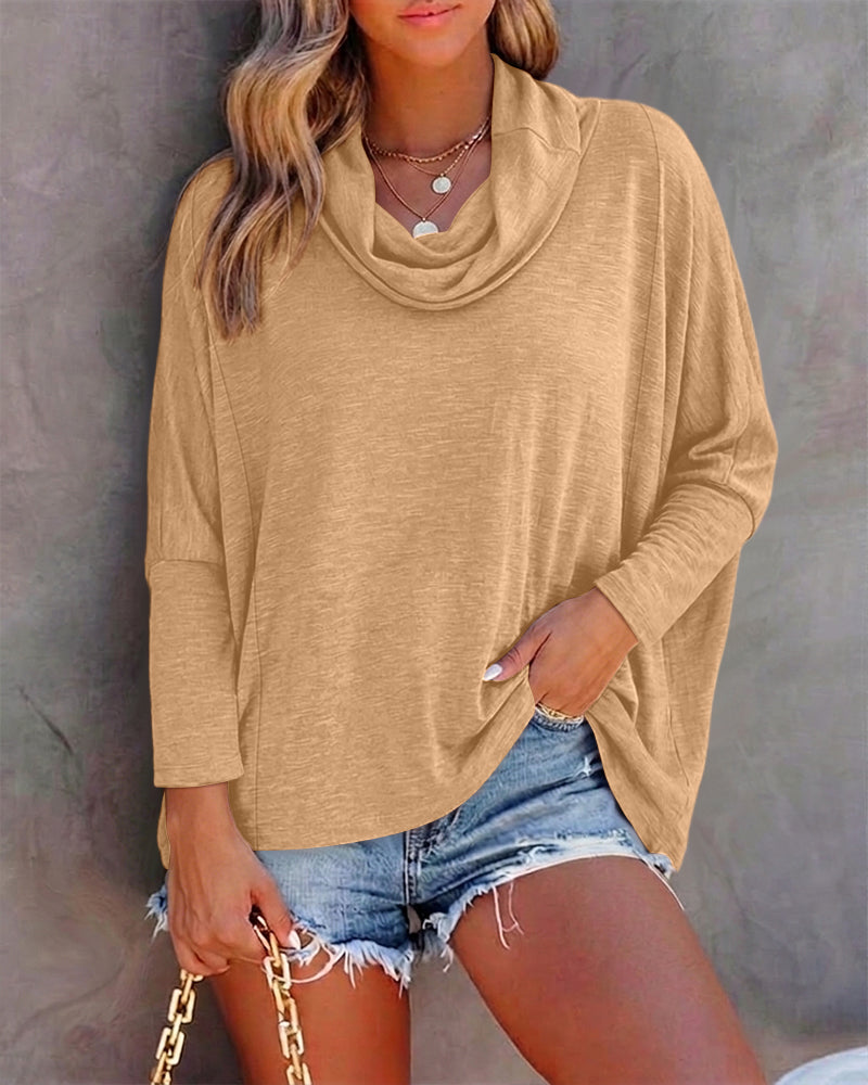 Women's Cowl Neck Batwing Sleeve Top Casual Long Sleeve Loose Pullover Comfortable Soft Drape Blouse