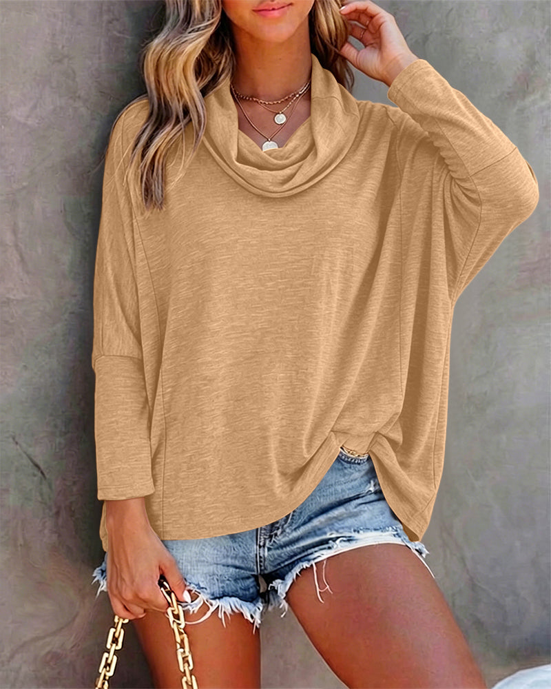 Women's Cowl Neck Batwing Sleeve Top Casual Long Sleeve Loose Pullover Comfortable Soft Drape Blouse