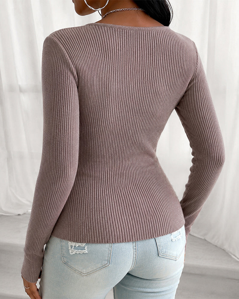 Women's Overlap V Neck Long Sleeve Ribbed Knit Top Rhinestone Side Button Ruched Slim Fit Asymmetric Hem Sweater