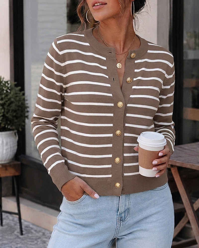 Women's Striped Knit Cardigan Casual Crewneck Button Down Sweater Vintage French Style Long Sleeve Top