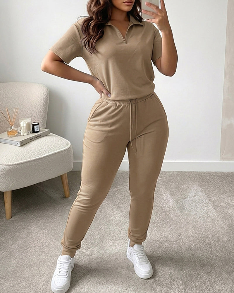Women's 2-Piece Sporty Set Short Sleeve Half Zip Top and High Waisted Joggers Casual Lounge Outfit with Pockets