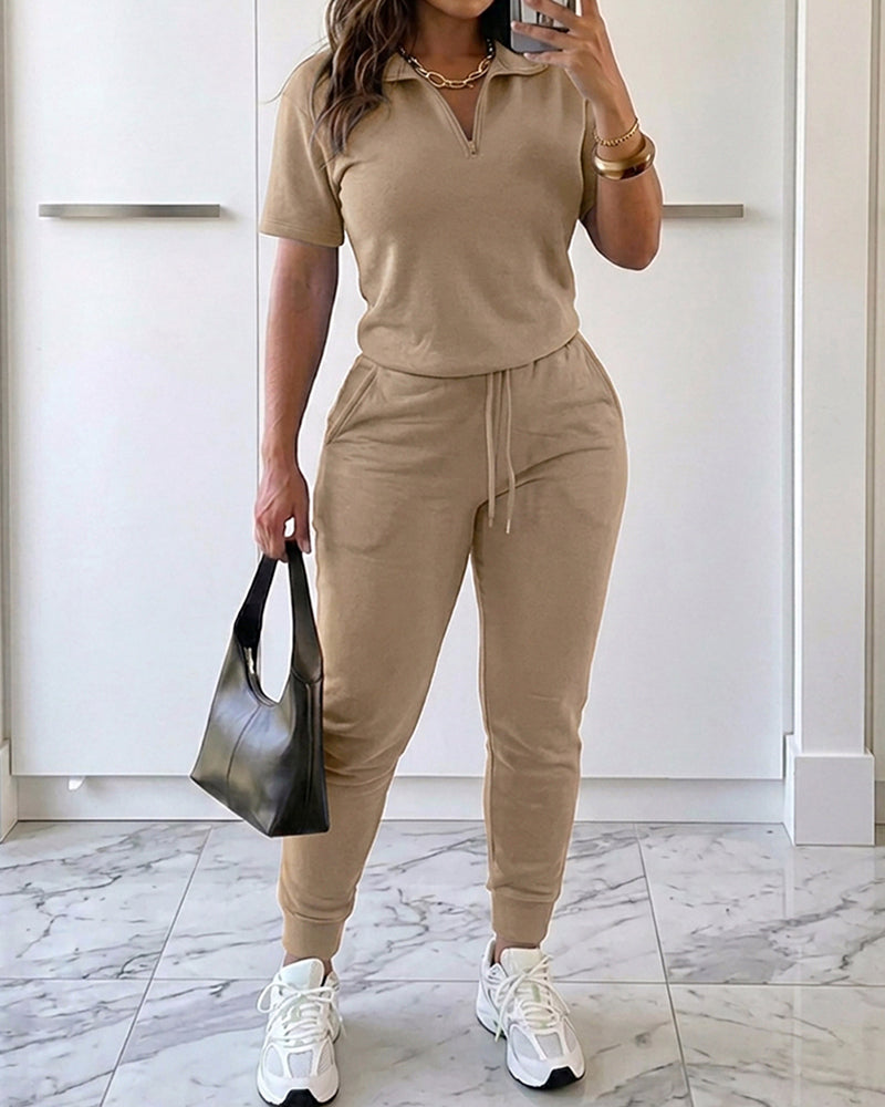 Women's 2-Piece Sporty Set Short Sleeve Half Zip Top and High Waisted Joggers Casual Lounge Outfit with Pockets