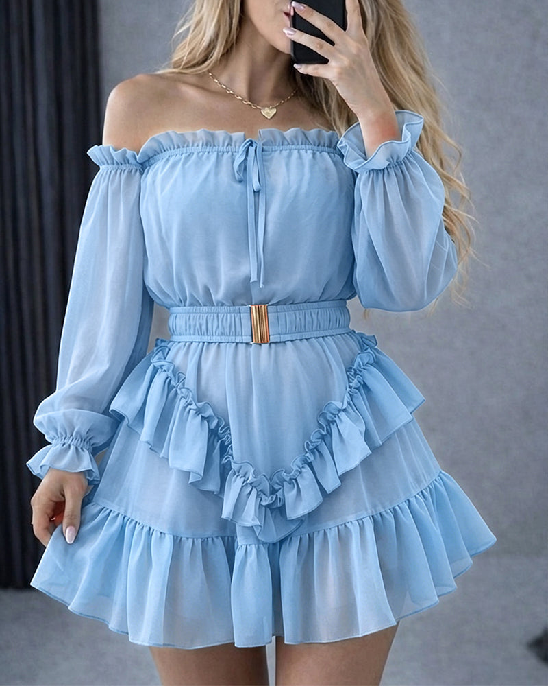 Women's Off Shoulder Frill Trim Mini A Line Dress Flowy Chiffon Ruffle Hem Party Dress with Belt & Built-In Shorts
