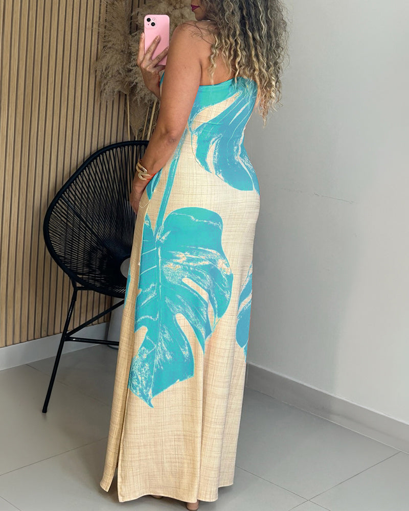 CHICME Women's Tropical Monstera Leaf Print One Shoulder Maxi Dress Side Slit Bodycon Dress with Pockets and Zipper