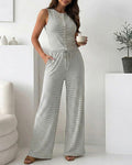 Women's Striped 2 Piece Set Sleeveless Button Knit Top and Elastic Drawstring Pants Casual Loungewear