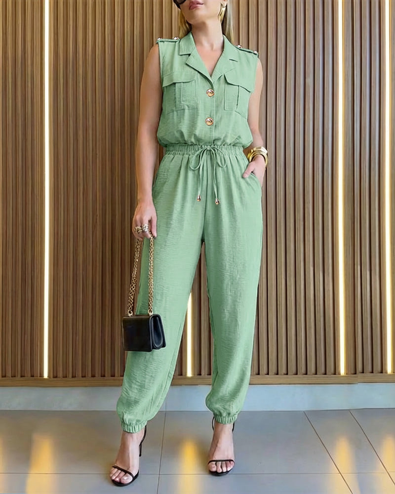 Notched Collar Sleeveless Button Front Stretchy Drawstring Waist Overalls Casual Flap Pockets Design Cuffed Jumpsuit