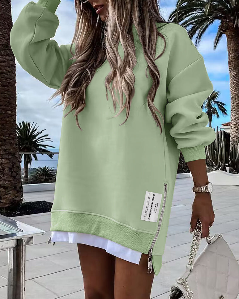 Letter Patch Detail Long Sleeve Drop Shoulder Pullover Sweatshirt Casual Zipper Side Slit Top