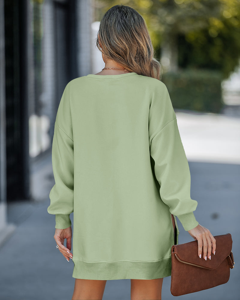 Letter Patch Detail Long Sleeve Drop Shoulder Pullover Sweatshirt Casual Zipper Side Slit Top