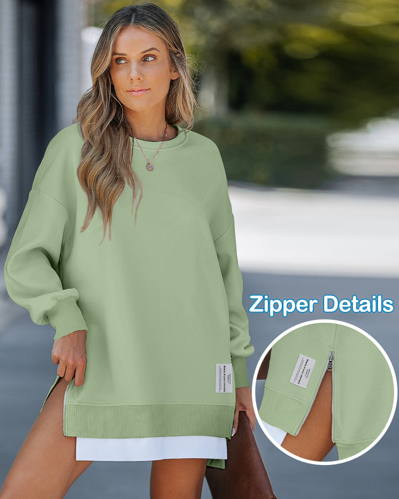 Letter Patch Detail Long Sleeve Drop Shoulder Pullover Sweatshirt Casual Zipper Side Slit Top