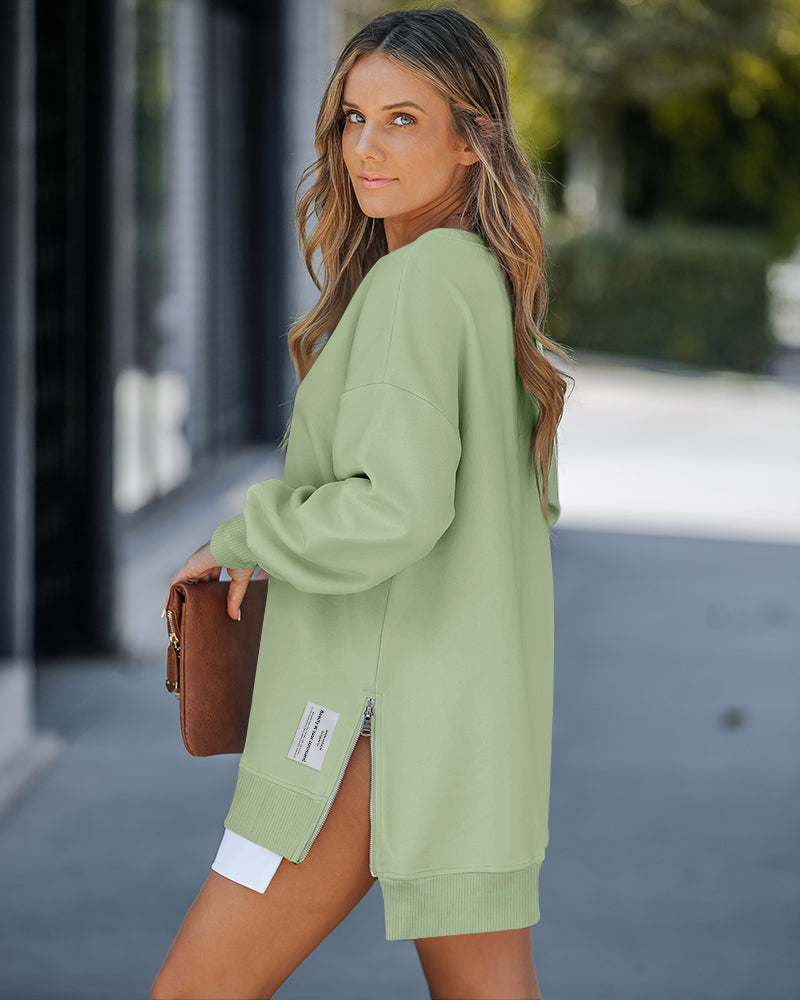 Letter Patch Detail Long Sleeve Drop Shoulder Pullover Sweatshirt Casual Zipper Side Slit Top