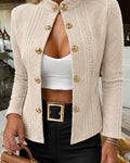Metal Double Breasted Decor Stand Collar Argyle & Cable Textured Coat