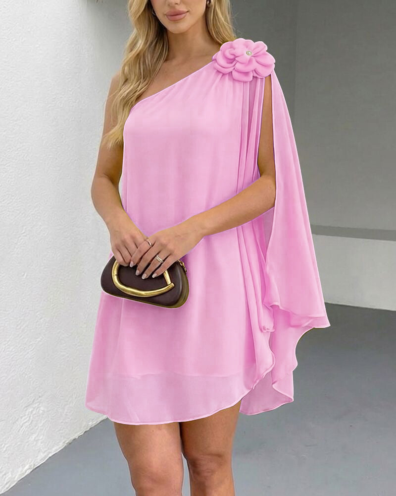 3D Flower Decor One Shoulder Sleeveless Mini Dress Casual A Line Vacation Dress