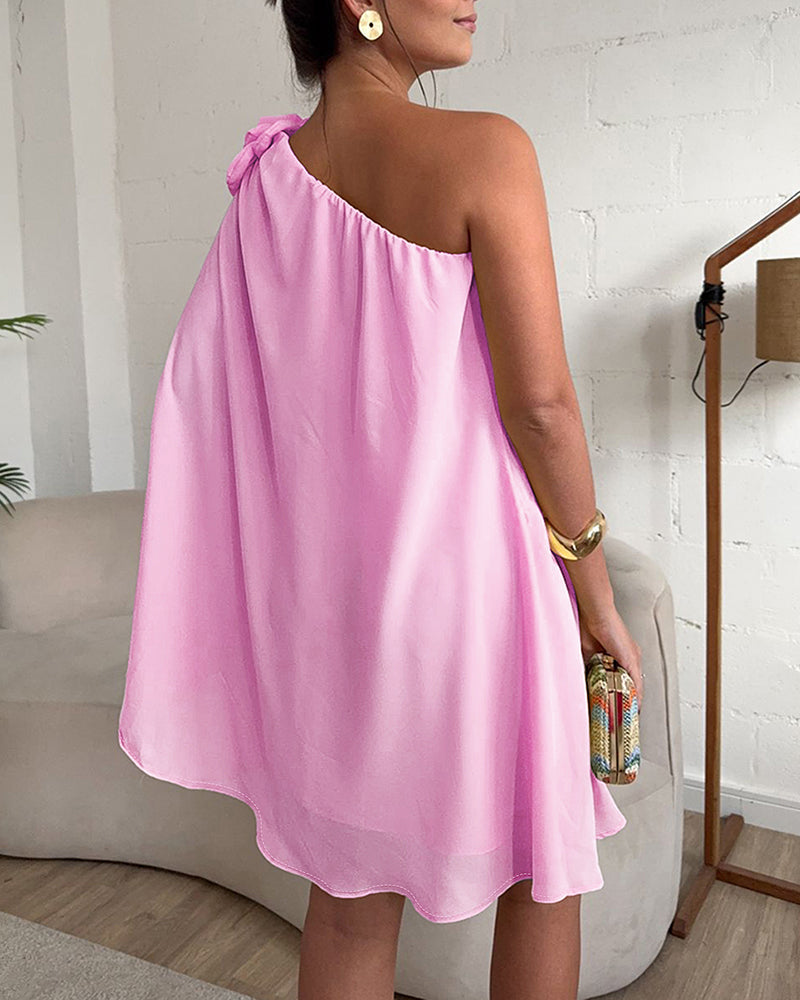 3D Flower Decor One Shoulder Sleeveless Mini Dress Casual A Line Vacation Dress
