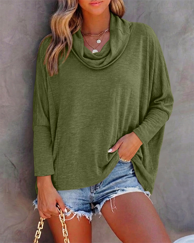 Women's Cowl Neck Batwing Sleeve Top Casual Long Sleeve Loose Pullover Comfortable Soft Drape Blouse