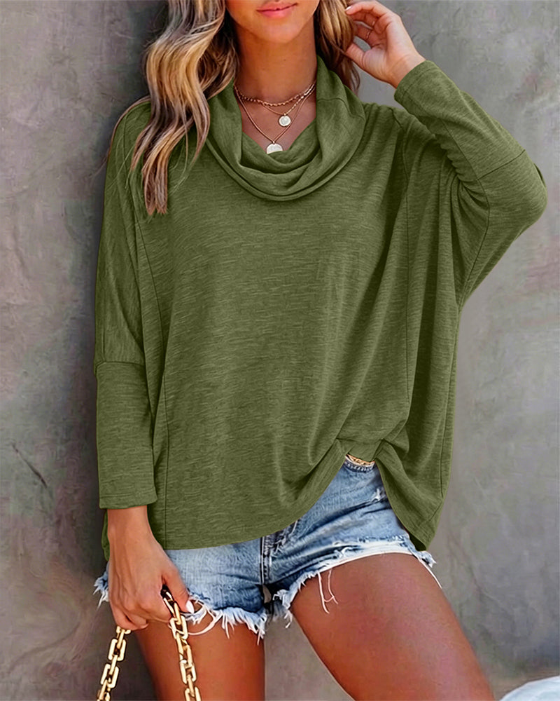 Women's Cowl Neck Batwing Sleeve Top Casual Long Sleeve Loose Pullover Comfortable Soft Drape Blouse