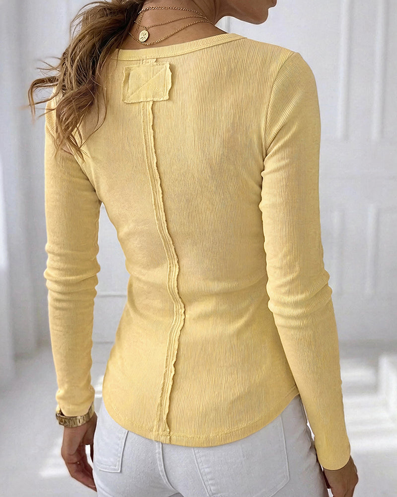 Women's Ribbed Henley Long Sleeve Top Slim Fit Base Layer Tee