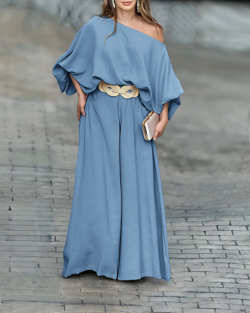 2 Pieces Outfit Turn-down Coll  Long Sleeve Button Front Satin  Shirt and Casual Vintage Floral  Print Elastic Back Waist Wide Leg  Pants Set without Belt