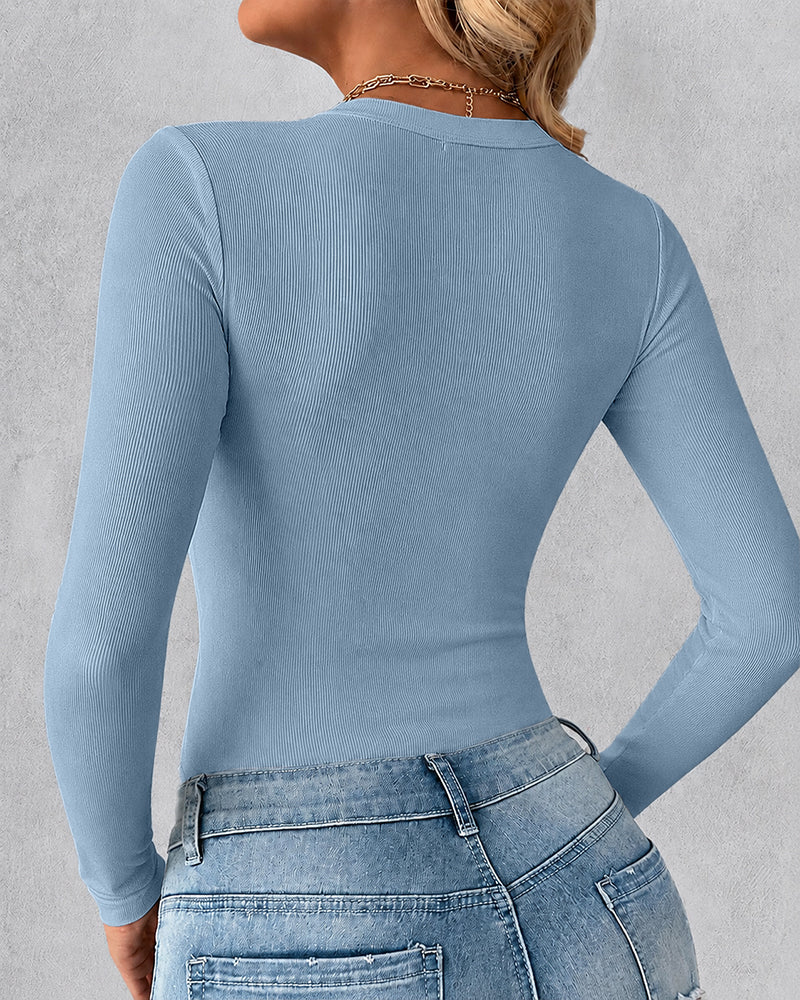 Women's Crewneck Long Sleeve Ribbed Knit Top Slim Fit Base Layer Shirt Soft Stretchy Casual Tee with Built-in Bra