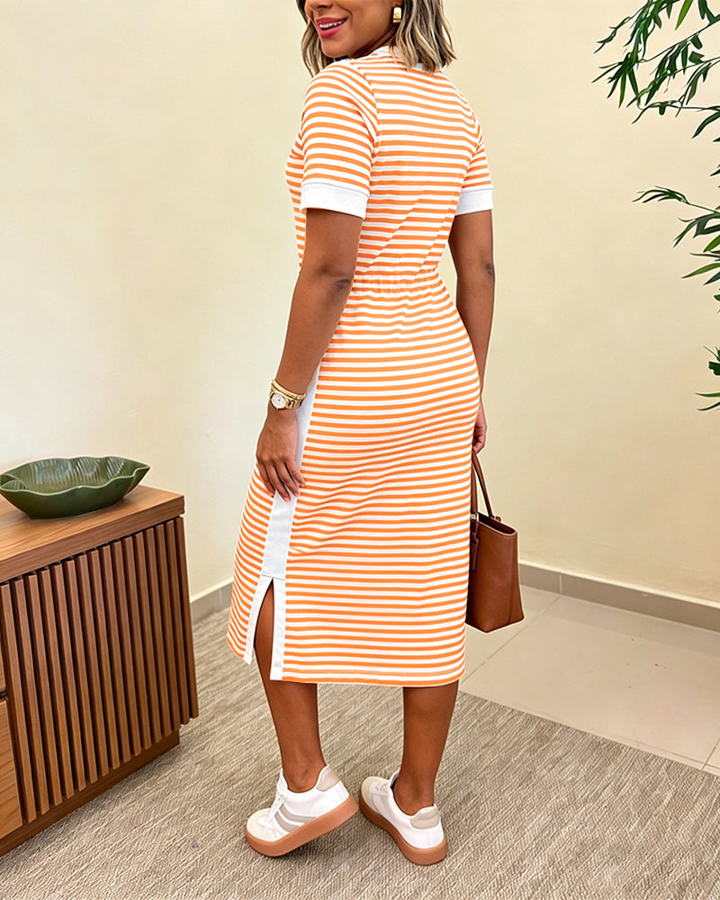 CHICME ESSENCE Women's Striped Colorblock Midi T-Shirt Dress Casual Crew Neck Waist-Cinching Slit Dress with Pockets