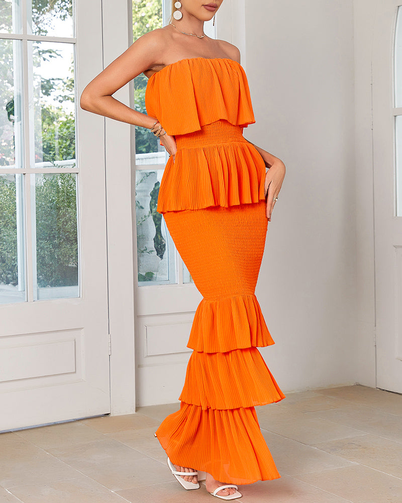 Layered Ruffle Shirred Slim Fit Strapless Dress Textured Maxi Party Dress