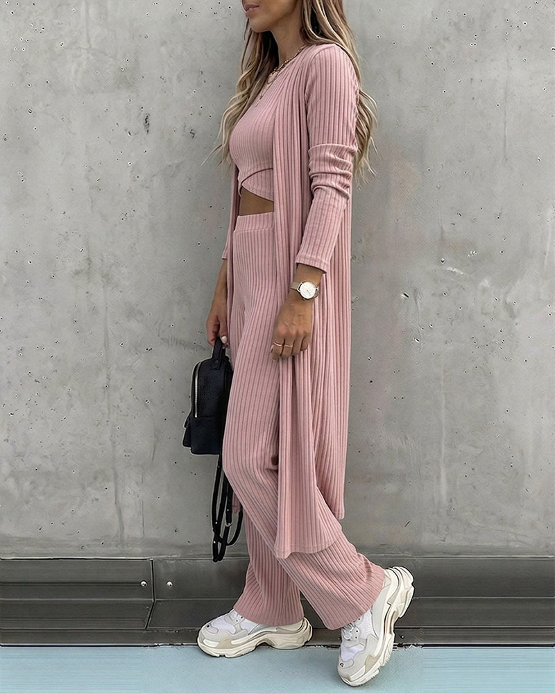 CHICME ESSENCE Women's 3 Piece Knit Set Long Cardigan Criss Cross Crop Tank Top and Wide Leg Pants Casual Ribbed Brushed Lounge Set