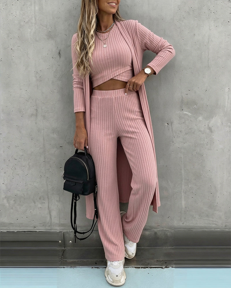 CHICME ESSENCE Women's 3 Piece Knit Set Long Cardigan Criss Cross Crop Tank Top and Wide Leg Pants Casual Ribbed Brushed Lounge Set