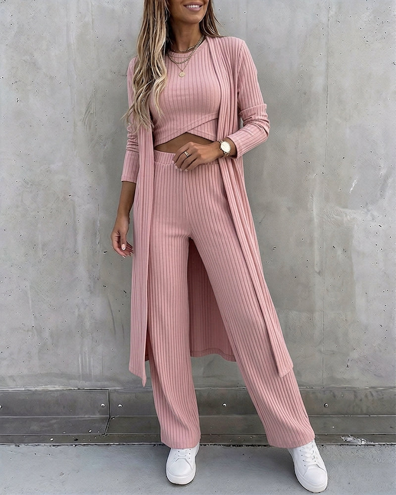 CHICME ESSENCE Women's 3 Piece Knit Set Long Cardigan Criss Cross Crop Tank Top and Wide Leg Pants Casual Ribbed Brushed Lounge Set
