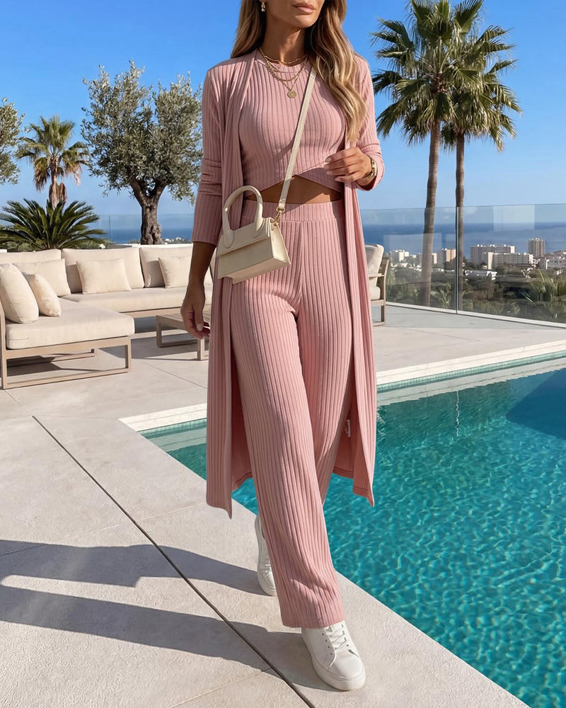 CHICME ESSENCE Women's 3 Piece Knit Set Long Cardigan Criss Cross Crop Tank Top and Wide Leg Pants Casual Ribbed Brushed Lounge Set